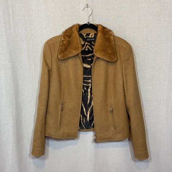 Gorgeous Escada Tan Wool/Camel/Silk Jacket with Mink Collar SZ 38 LIKE NEW - Picture 2 of 11